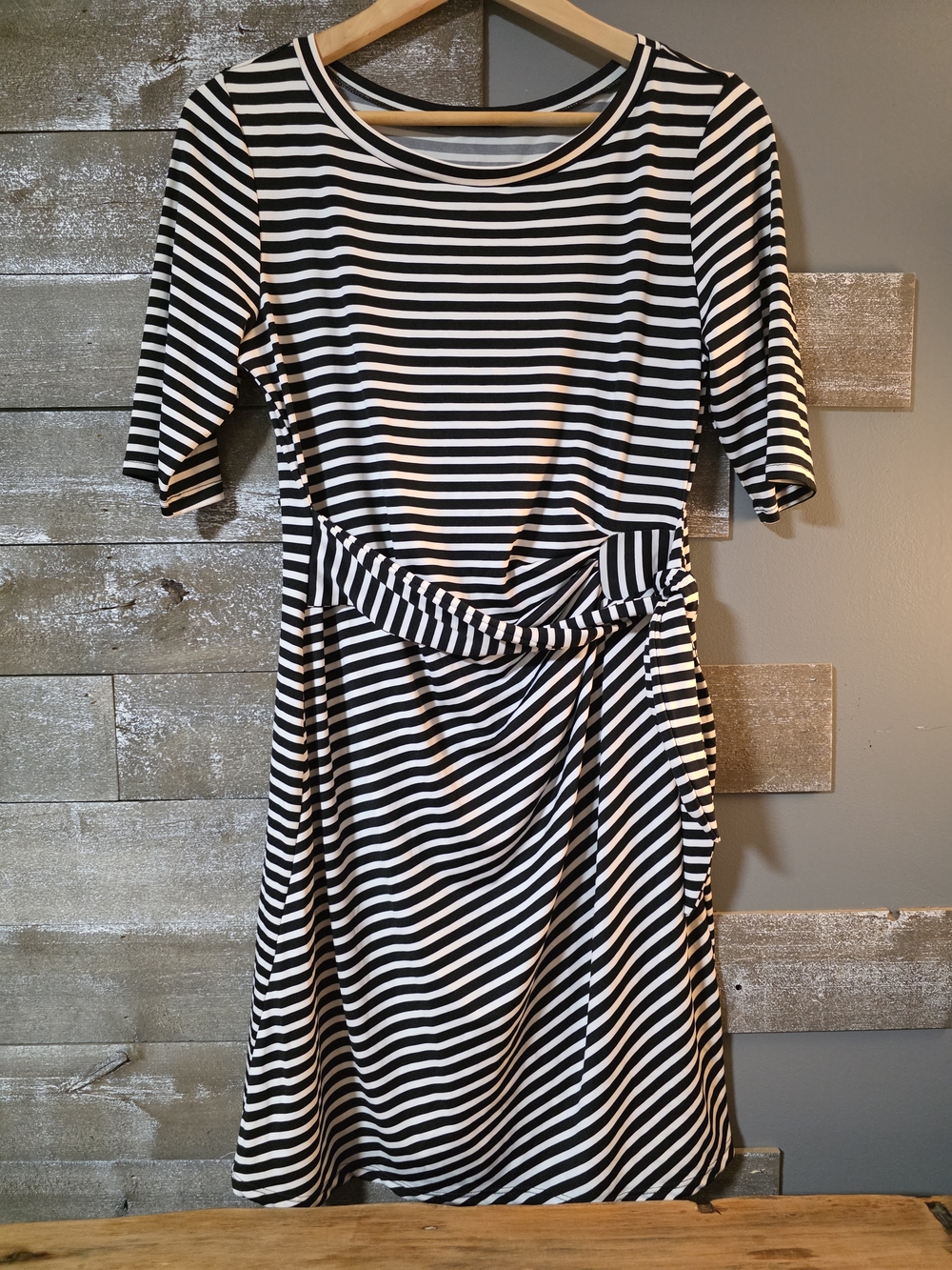 MSK Black and White Striped Midi Dress with Waist Tie